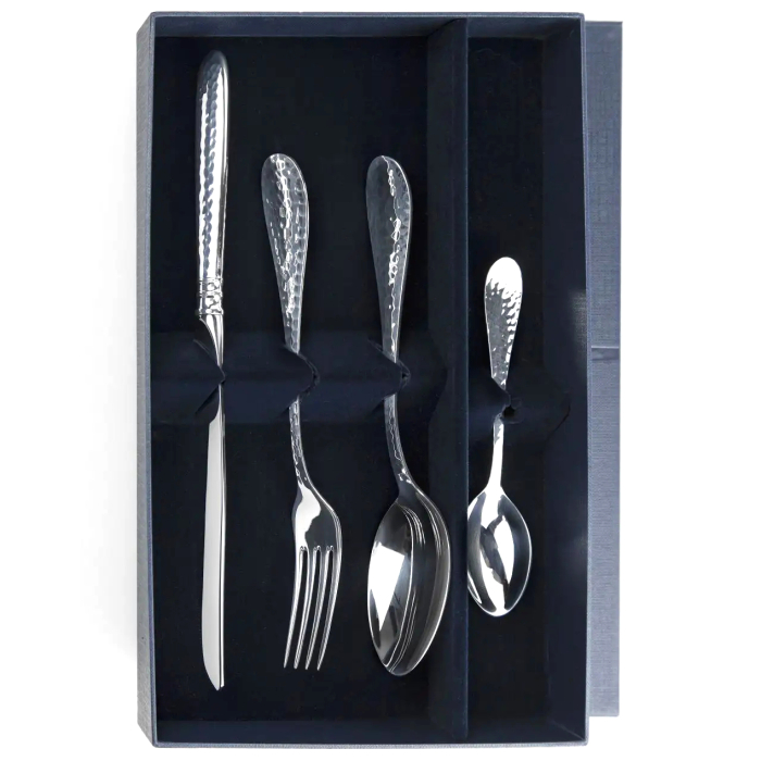 Серебряный столовый набор "Эгоист. Капелька": вилка, ложка, чайная ложка, нож, на 1 персону, ковка - артикул: AK01834 | Мосподарок 