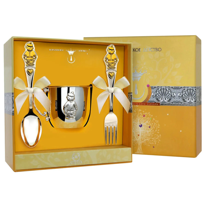 Набор серебряный детский КД "Мальчик": вилка, кружка, ложка с позолотой, на 1 персону - артикул: AK01749 | Мосподарок 