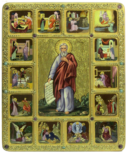 Живописная икона "Пророк Илия Фесфитянин" с житийными клеймами на кипарисе