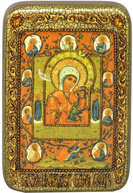 Настольная икона Образ Божией Матери "Тихвинская Хлебенная (Запечная)" на мореном дубе