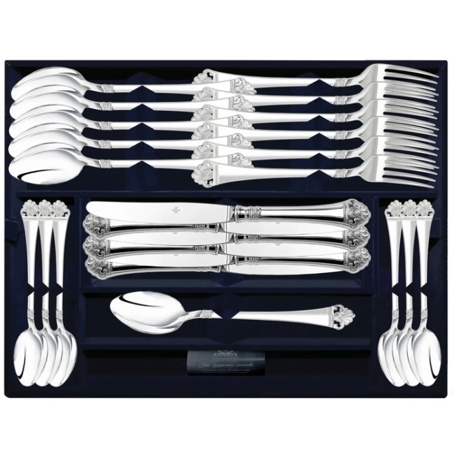 Серебряный набор столовый "Афина" 24 предмета: вилка, ложка, нож, чайная ложка Серебряный набор столовый "Афина" 24 предмета: вилка, ложка, нож, чайная ложка