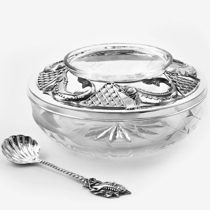 Серебряная икорница "Осетр" с ложкой - артикул: AK01522 | Мосподарок 