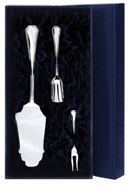 Серебряный десертный набор "Элегант": вилка для лимона, лопатка для пирожного, совок для сахара Серебряный десертный набор "Элегант": вилка для лимона, лопатка для пирожного, совок для сахара