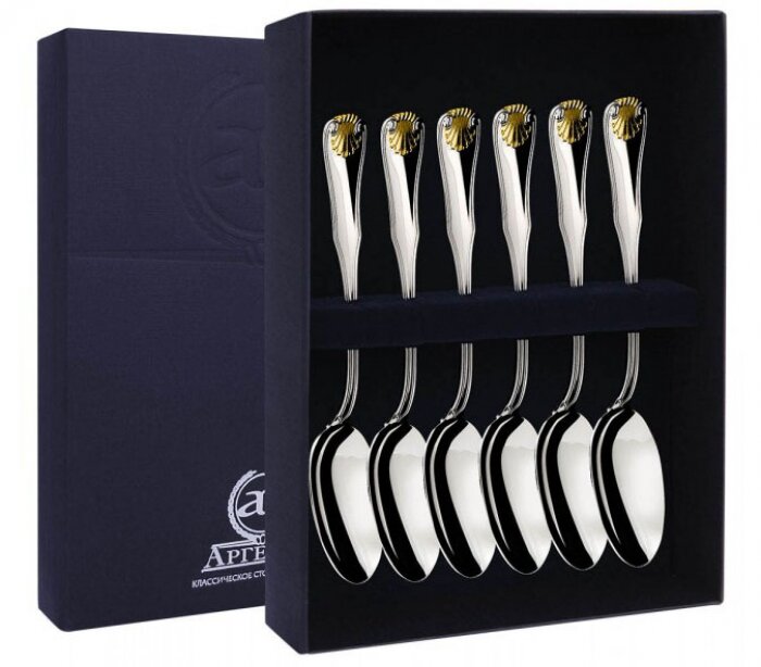 Набор из 6 серебряных чайных ложек «Визит» с позолотой - артикул: AK01643 - стоимость: 41 600 руб. Набор из 6 серебряных чайных ложек «Визит» с позолотой - артикул: AK01643 | Мосподарок