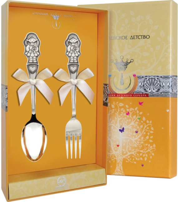 Набор детских серебряных столовых приборов КД "Девочка" с чернением, 2 предмета