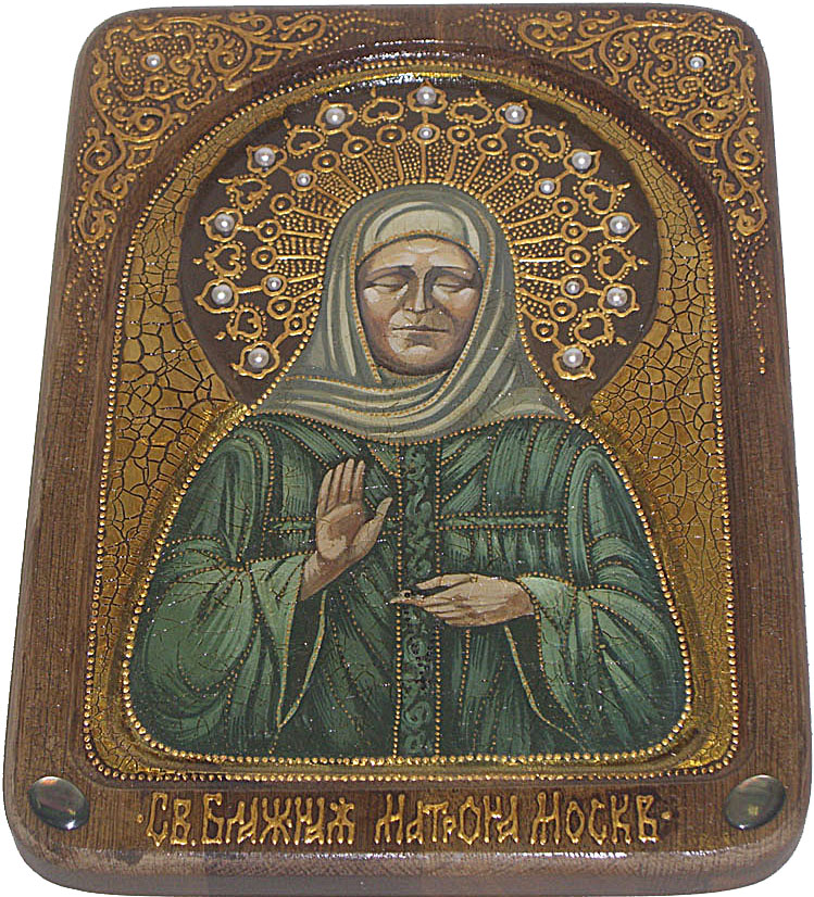 Живописная икона "Блаженная старица Матрона Московская" на чёрном дубе - купить в Москве | Мосподарок 