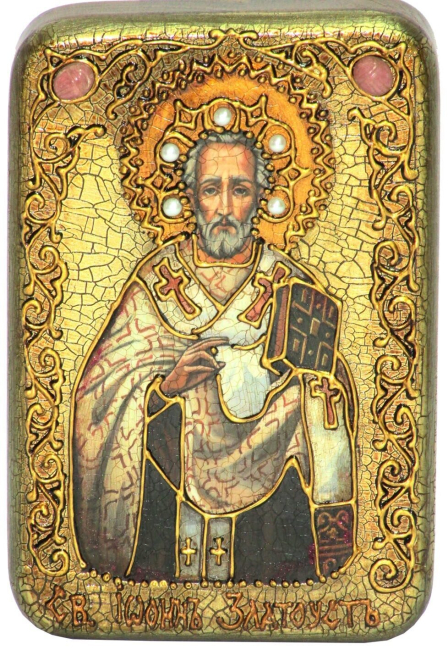 Настольная икона "Святитель Иоанн Златоуст" на мореном дубе