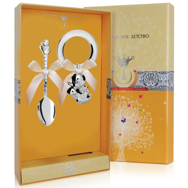 Серебряный набор для малышей "Утенок": ложка и погремушка на кольце, на 1 персону Серебряный набор для малышей "Утенок": ложка и погремушка на кольце, на 1 персону