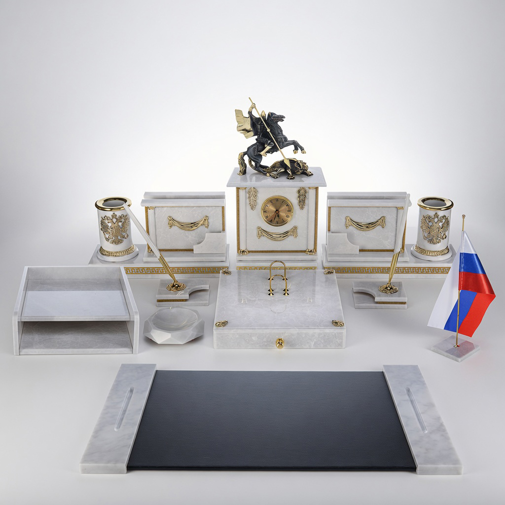 Настольный набор из белого мрамора "Георгий Победоносец" - артикул: E13504 | Мосподарок 