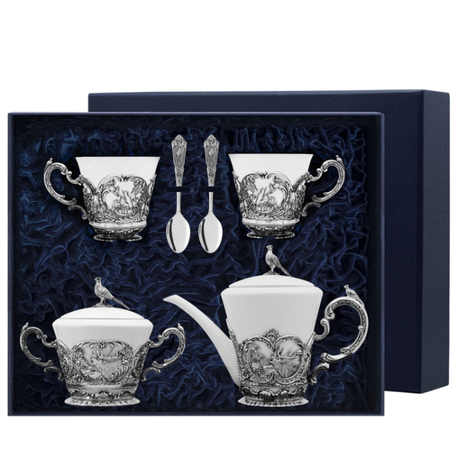 Набор серебряный "Королевская охота": ложка, чашка, чайник, сахарница