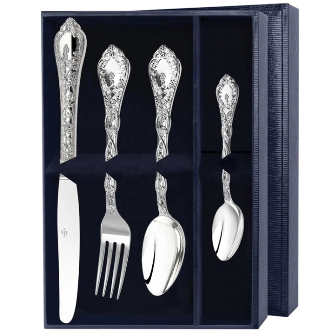 Серебряный столовый  набор "Виноградная лоза": вилка, ложка, нож, чайная ложка, на 1 персону