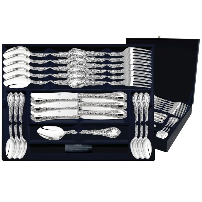 Посеребренный столовый набор "Виноградная лоза": вилка, ложка, нож, чайная ложка, на 12 персон, 48 предметов - артикул: AK01854 - стоимость: 1 311 900 руб. Посеребренный столовый набор "Виноградная лоза": вилка, ложка, нож, чайная ложка, на 12 персон, 48 предметов - артикул: AK01854 | Мосподарок