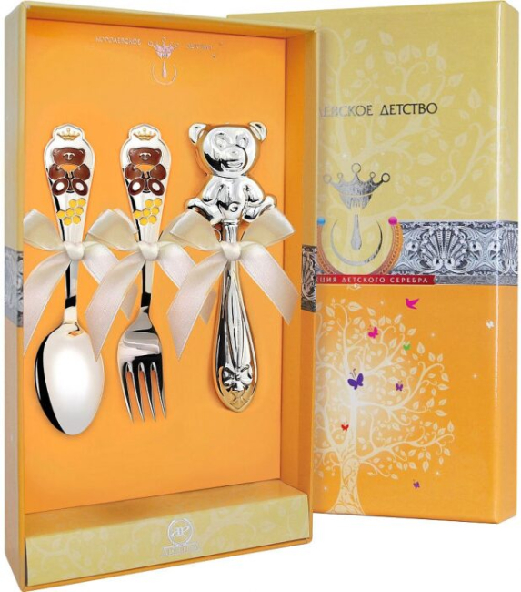 Набор серебряный для малышей КД "Мишка" с эмалью, 3 предмета Набор серебряный для малышей КД "Мишка" с эмалью, 3 предмета