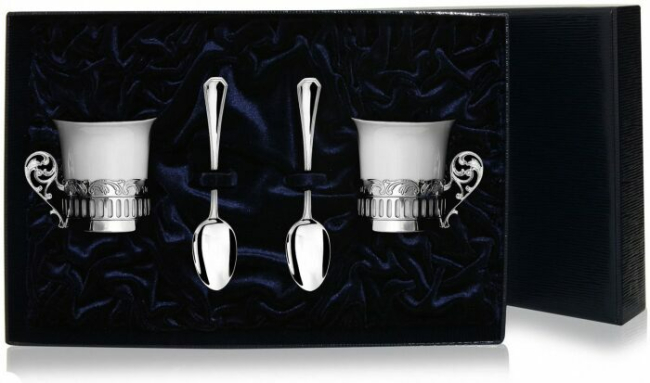 Набор кофейных чашек из серебра "Богема" на 2 персоны, с ложками