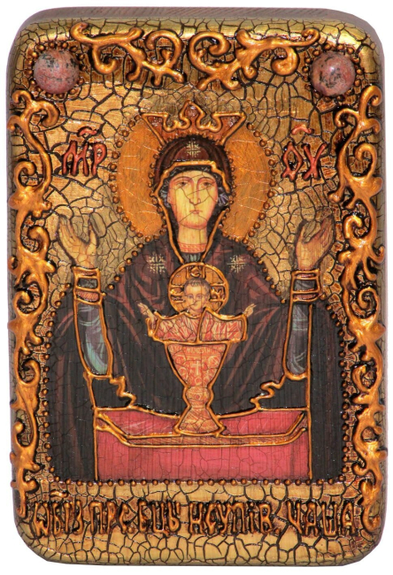 Настольная икона Божией матери "Неупиваемая чаша" на мореном дубе