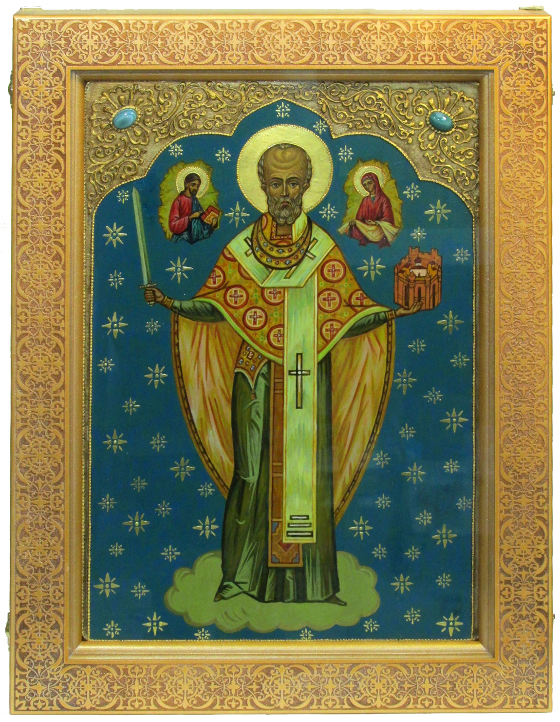 Живописная икона "Святой Никола Можайский" на кипарисе в березовом киоте - купить в Москве | Мосподарок 