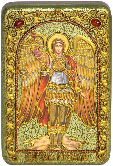 Настольная икона "Архангел Иеремиил" на мореном дубе