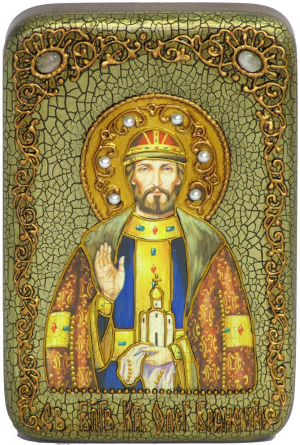 Настольная икона "Святой благоверный князь Олег Брянский" на мореном дубе