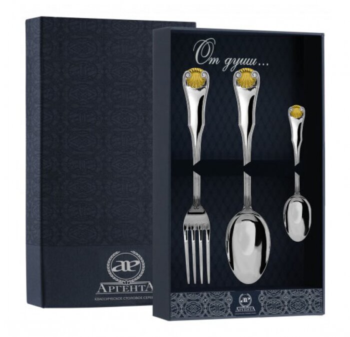 Серебряный столовый набор "Визит": вилка, ложка, чайная ложка с позолотой - артикул: AK01641 - стоимость: 48 800 руб. Серебряный столовый набор "Визит": вилка, ложка, чайная ложка с позолотой - артикул: AK01641 | Мосподарок