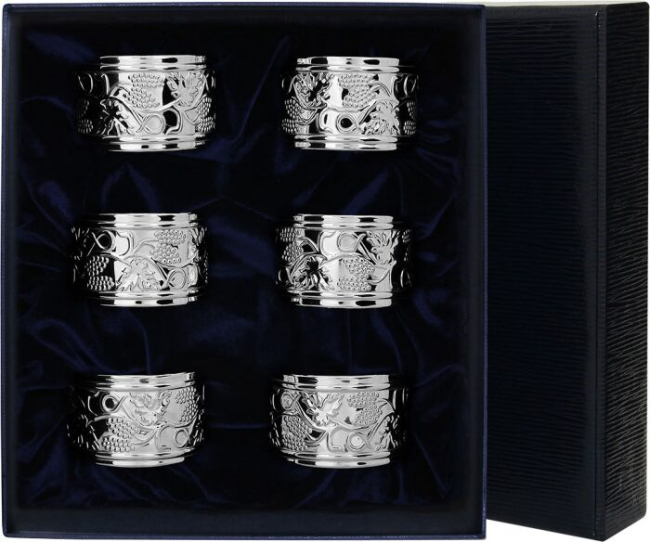 Набор из 6 серебряных колец для салфеток "Виноград"