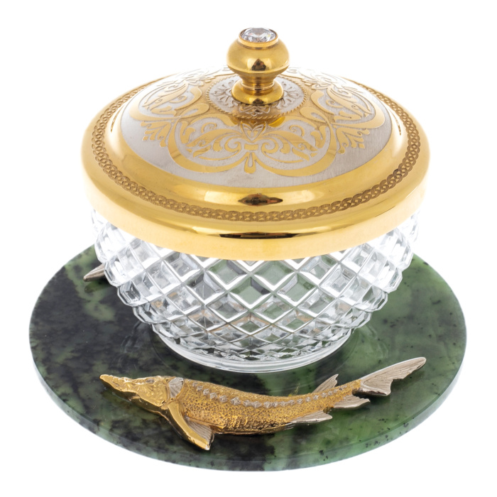 Икорница на подставке из нефрита "Два осетра" Златоуст - артикул: 301301 | Мосподарок 