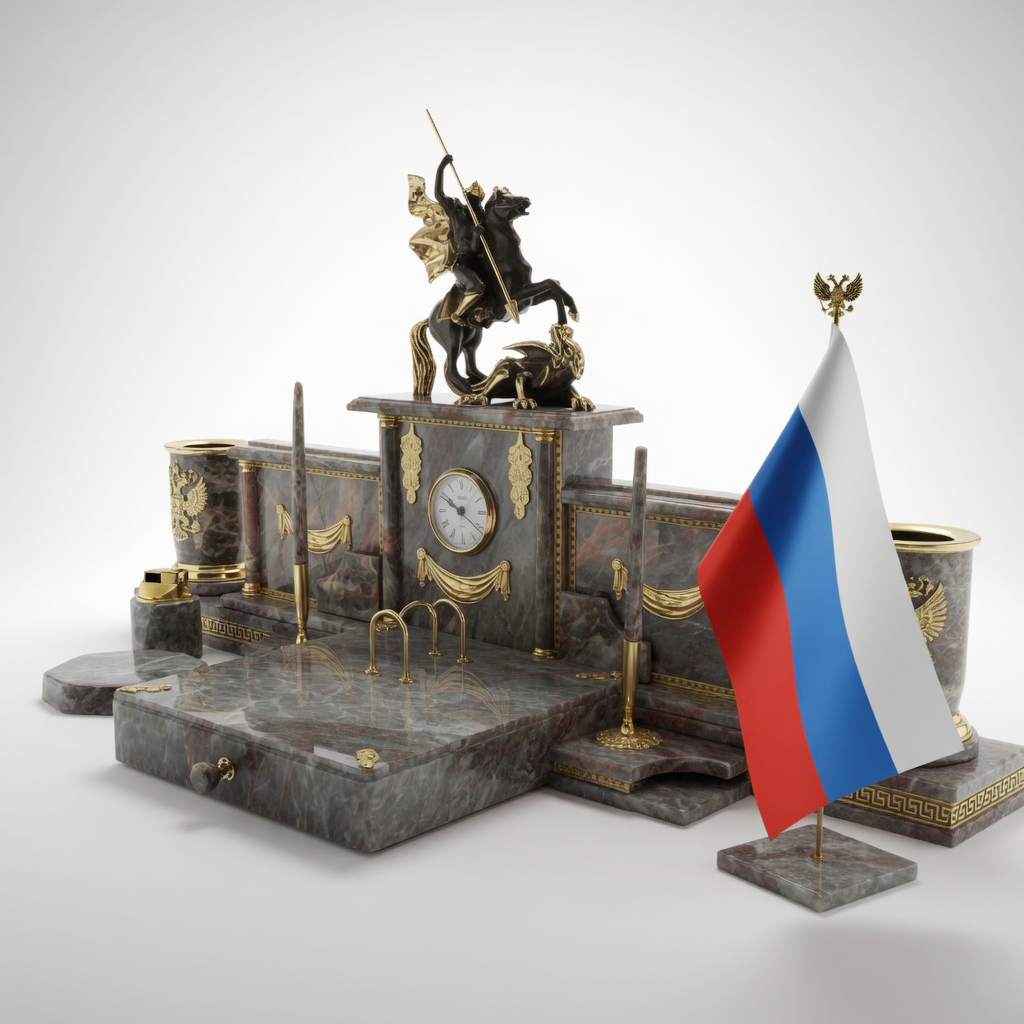 Настольный набор из серо-розового мрамора "Георгий Победоносец" - артикул: E13023 | Мосподарок 