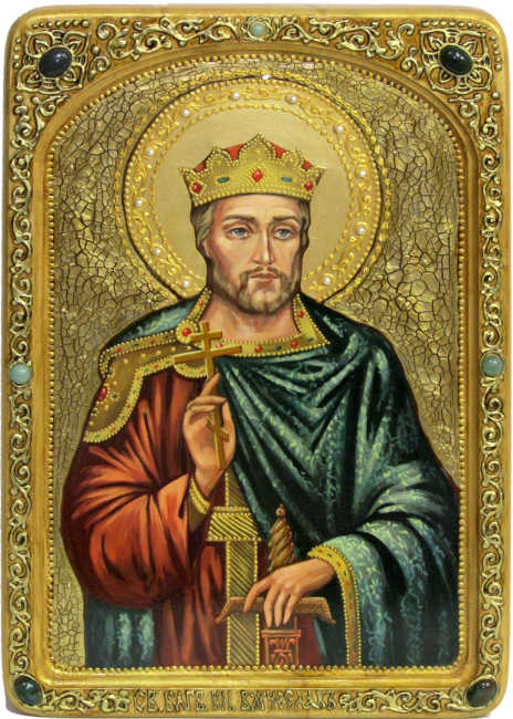 Живописная икона "Святой Благоверный князь Вячеслав Чешский" на кипарисе в березовом киоте