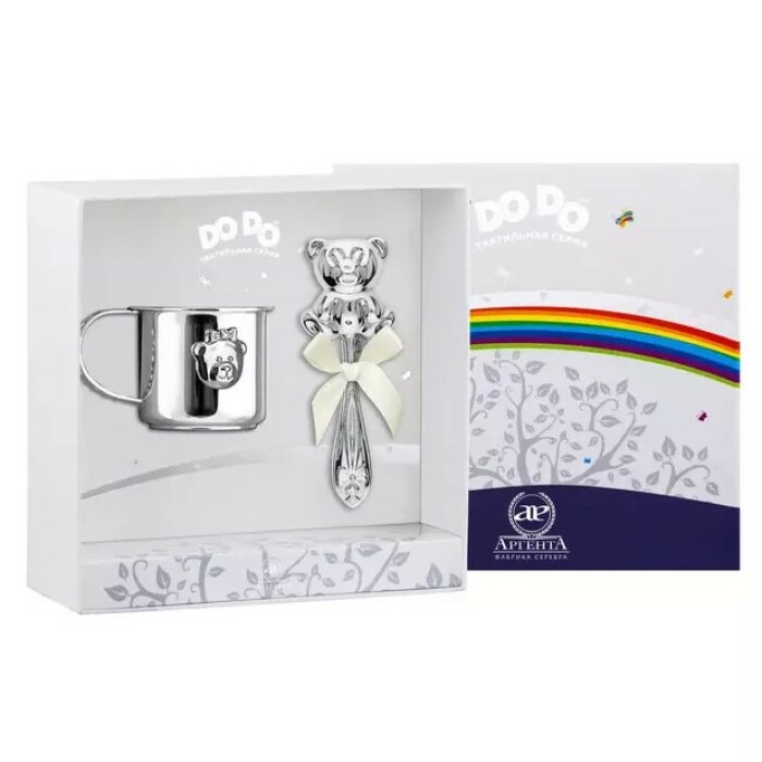 Серебряный детский набор "Мишка-Малышка": кружка и погремушка "Медвежонок" на 1 персону - артикул: AK01580 | Мосподарок 