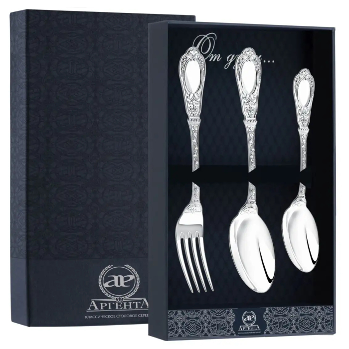 Серебряный десертный набор "Фамильный" 3 предмета: ложка, вилка, ложка чайная, на 1 персону - артикул: AK01823 - стоимость: 59 000 руб. Серебряный десертный набор "Фамильный" 3 предмета: ложка, вилка, ложка чайная, на 1 персону - артикул: AK01823 | Мосподарок