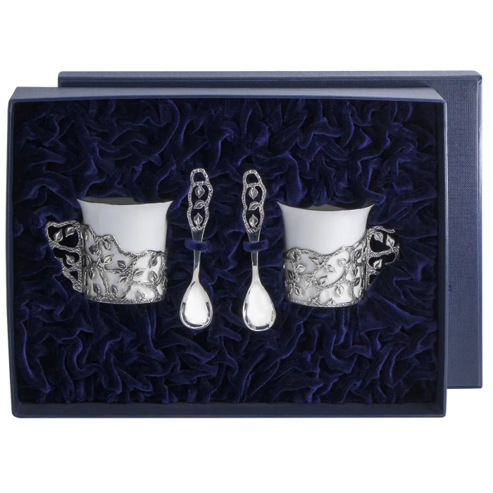 Набор кофейных чашек из серебра "Листопад" на 2 персоны, с ложками - артикул: AK01398 | Мосподарок 