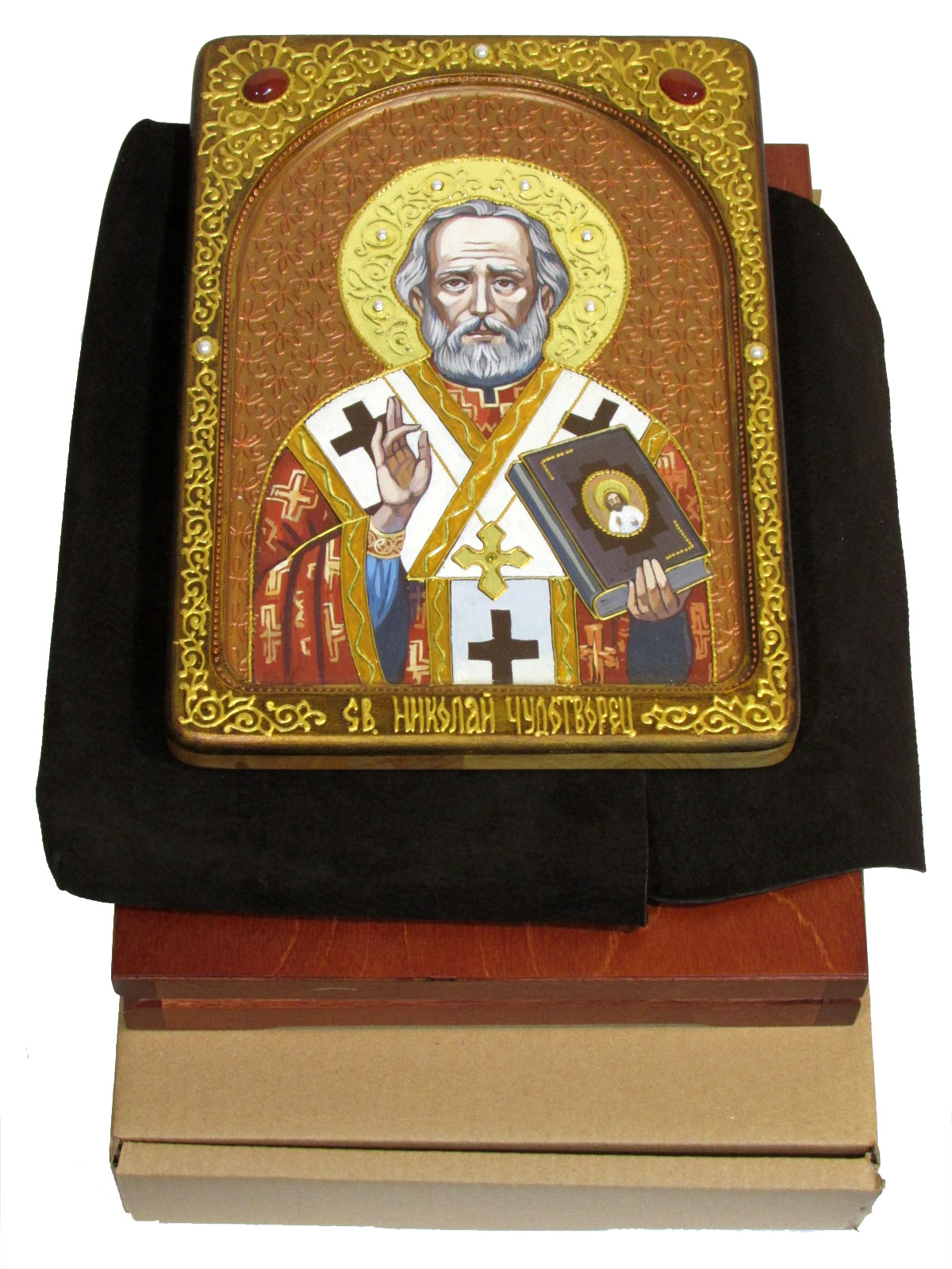 Живописная икона "Святитель Николай, архиепископ Мир Ликийский (Мирликийский)", чудотворец в киоте - купить в Москве | Мосподарок 