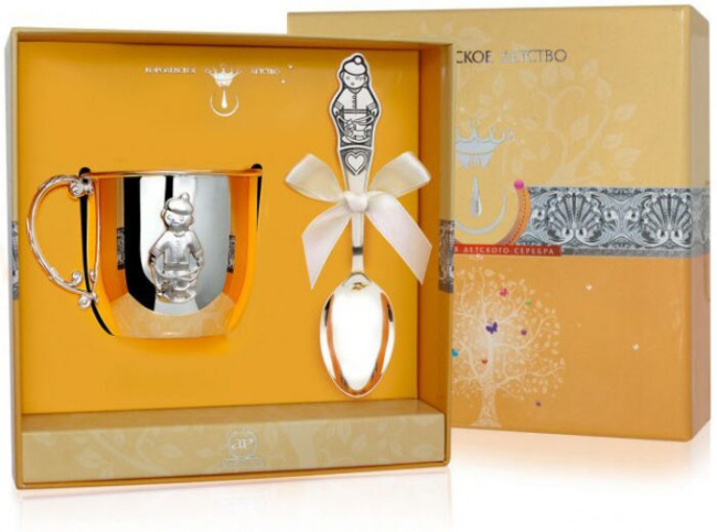 Набор детский серебряный КД "Мальчик": кружка и ложка, на 1 персону