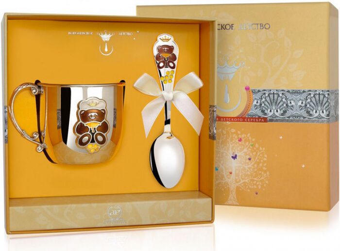 Набор детский серебряный КД "Мишка": кружка и ложка с позолотой с эмалью, на 1 персону - артикул: AK01171 | Мосподарок 