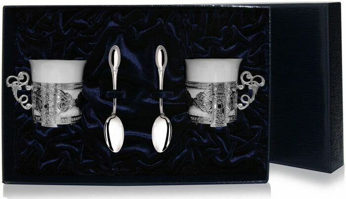 Набор кофейных чашек из серебра "Август-Октавиан" на 2 персоны, с ложками - артикул: AK01452 | Мосподарок 