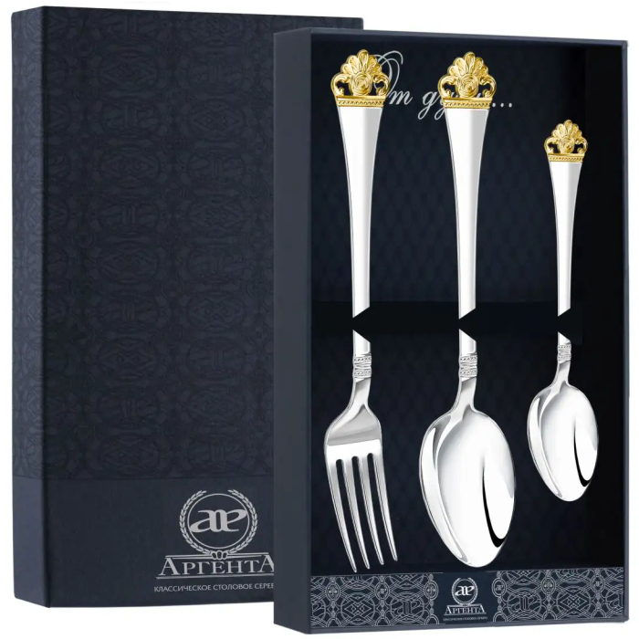 Серебряный столовый набор  "Афина": ложка, ложка чайная,  вилка, с позолотой - артикул: AK01808 | Мосподарок 
