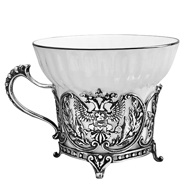 Набор чайных чашек из серебра "Герб" на 2 персоны, с ложками, с чернением - артикул: AK01263 | Мосподарок 