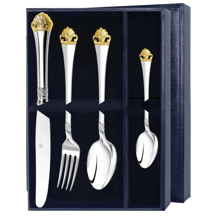 Серебряный столовый набор "Афина - Эгоист": вилка, ложка, нож, чайная ложка, с позолотой, на 1 персону - артикул: AK01806 | Мосподарок 