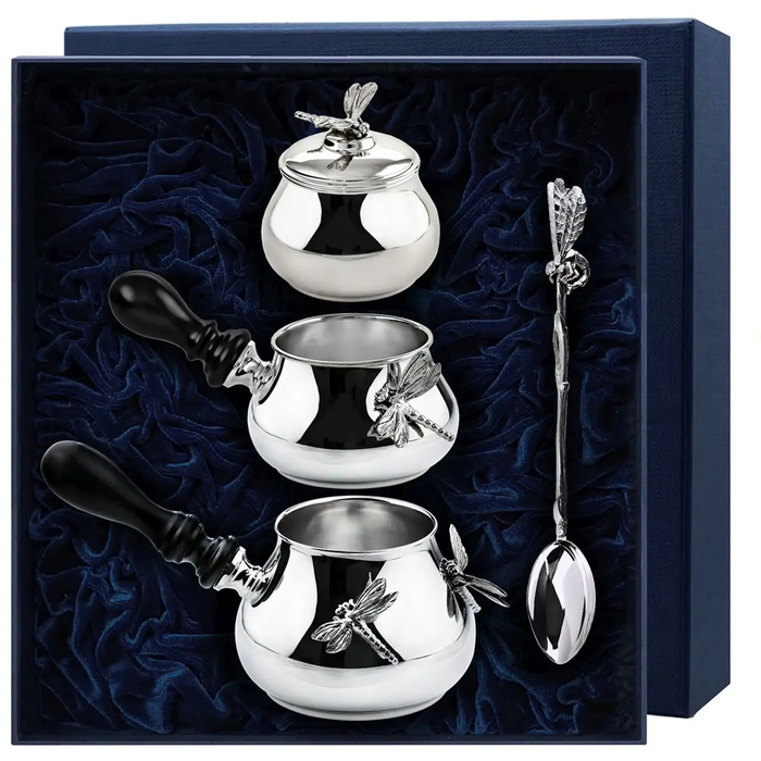 Серебряный набор для кофе "Стрекоза": ложка, турка, сливочник, сахарница - артикул: AK01744 | Мосподарок 