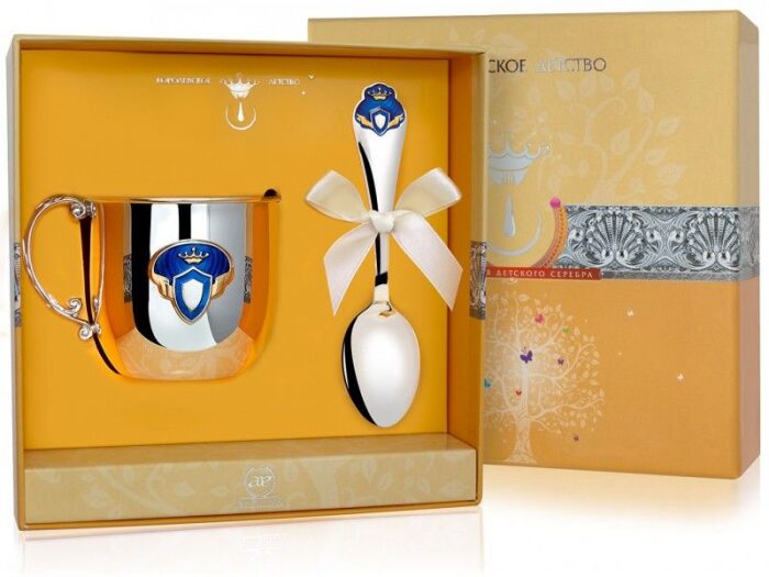 Набор детский серебряный КД "Принц": кружка и ложка с позолотой с эмалью - артикул: AK01104 | Мосподарок 