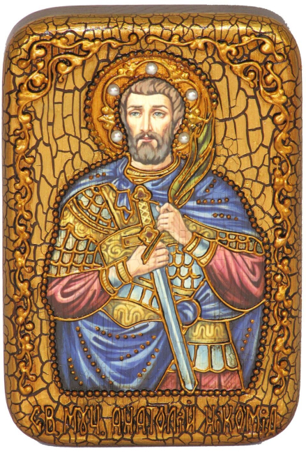 Настольная икона "Святой мученик Анатолий Никомидийский" на мореном дубе