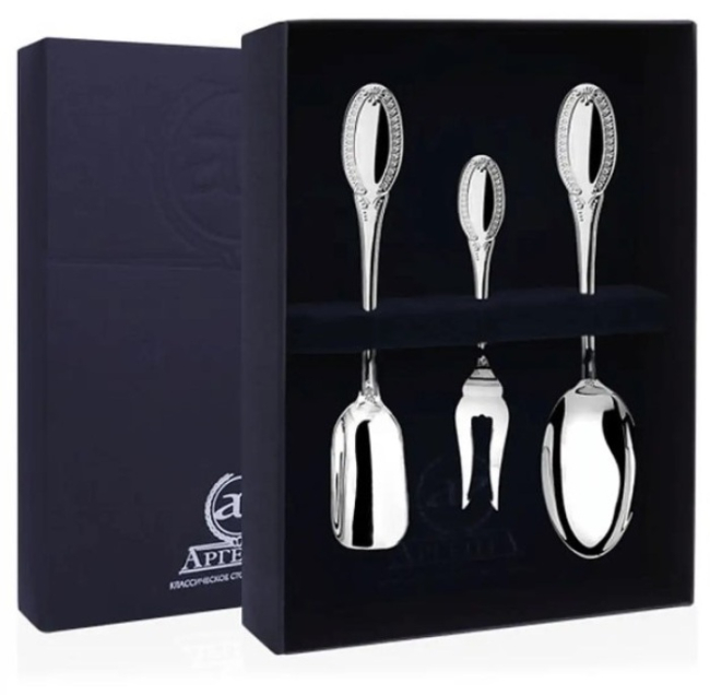 Серебряный набор для чая "Император": вилка для лимона, ложка чайная, совок для сахара Серебряный набор для чая "Император": вилка для лимона, ложка чайная, совок для сахара