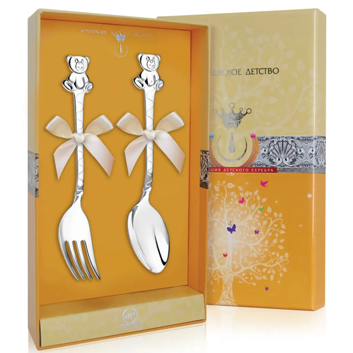 Серебряный десертный набор "Медведь": вилка и ложка, на 1 персону - артикул: AK01743 | Мосподарок 