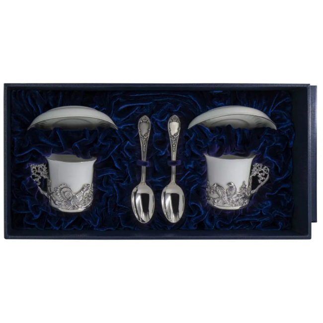 Набор кофейных чашек из серебра и фарфора "Глухарь": блюдце, ложка, чашка, на 2 персоны