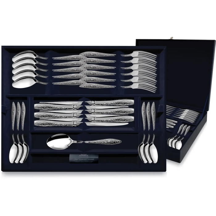 Серебряный десертный набор "Морозко": вилка, ложка, нож, чайная ложка, на 6 персон - артикул: AK01204 - стоимость: 325 100 руб. Серебряный десертный набор "Морозко": вилка, ложка, нож, чайная ложка, на 6 персон - артикул: AK01204 | Мосподарок