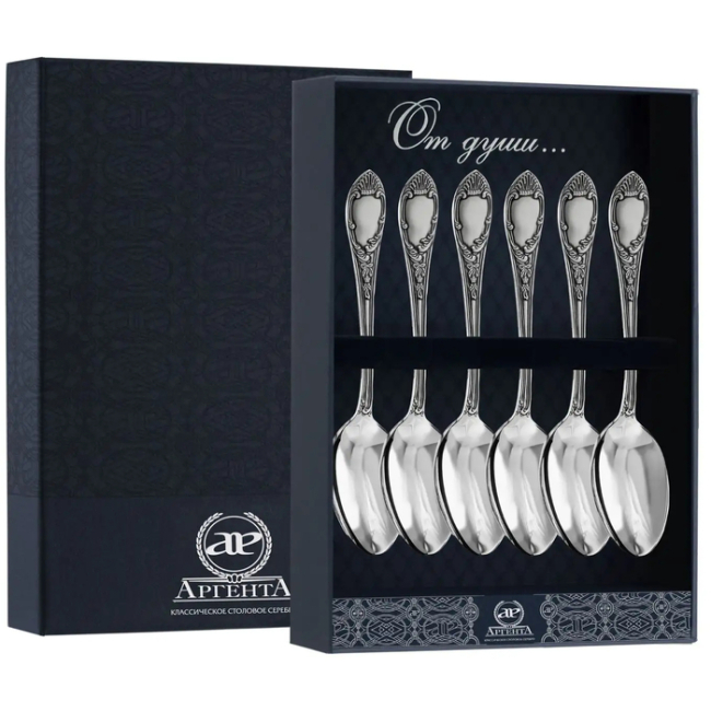 Набор серебряный кофейных ложек "Престиж" с чернением, на 6 персон, в футляре Набор серебряный кофейных ложек "Престиж" с чернением, на 6 персон, в футляре