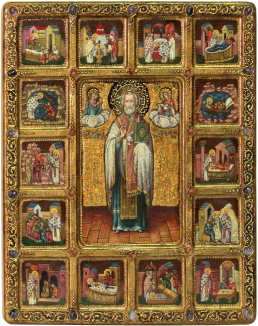 Живописная икона "Святитель Николай, архиепископ Мир Ликийский (Мирликийский)" чудотворец с житийными сценами на кипарисе