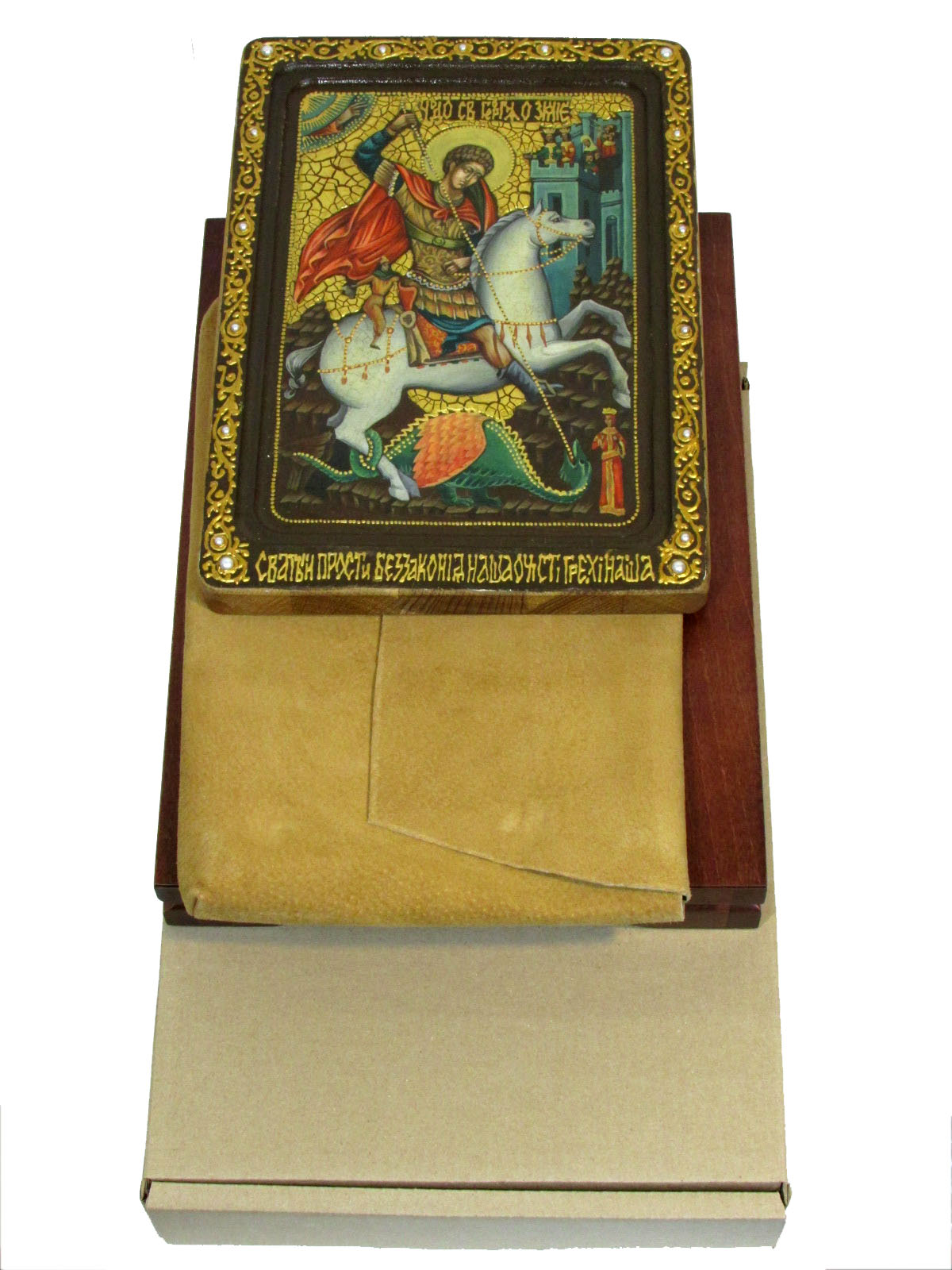 Живописная икона "Чудо Святого Георгия о змие" на чёрном дубе - купить в Москве | Мосподарок 