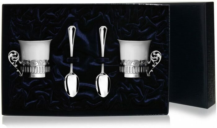 Набор кофейных чашек из серебра "Богема" на 2 персоны, с ложками - артикул: AK01410 - стоимость: 36 300 руб. Набор кофейных чашек из серебра "Богема" на 2 персоны, с ложками - артикул: AK01410 | Мосподарок