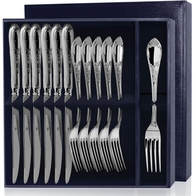 Набор столовый серебряный  "Престиж": вилка столовая, нож столовый с чернением в футляре Набор столовый серебряный  "Престиж": вилка столовая, нож столовый с чернением в футляре