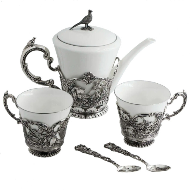 Серебряный чайный набор "Королевская охота": ложка, чашка, чайник